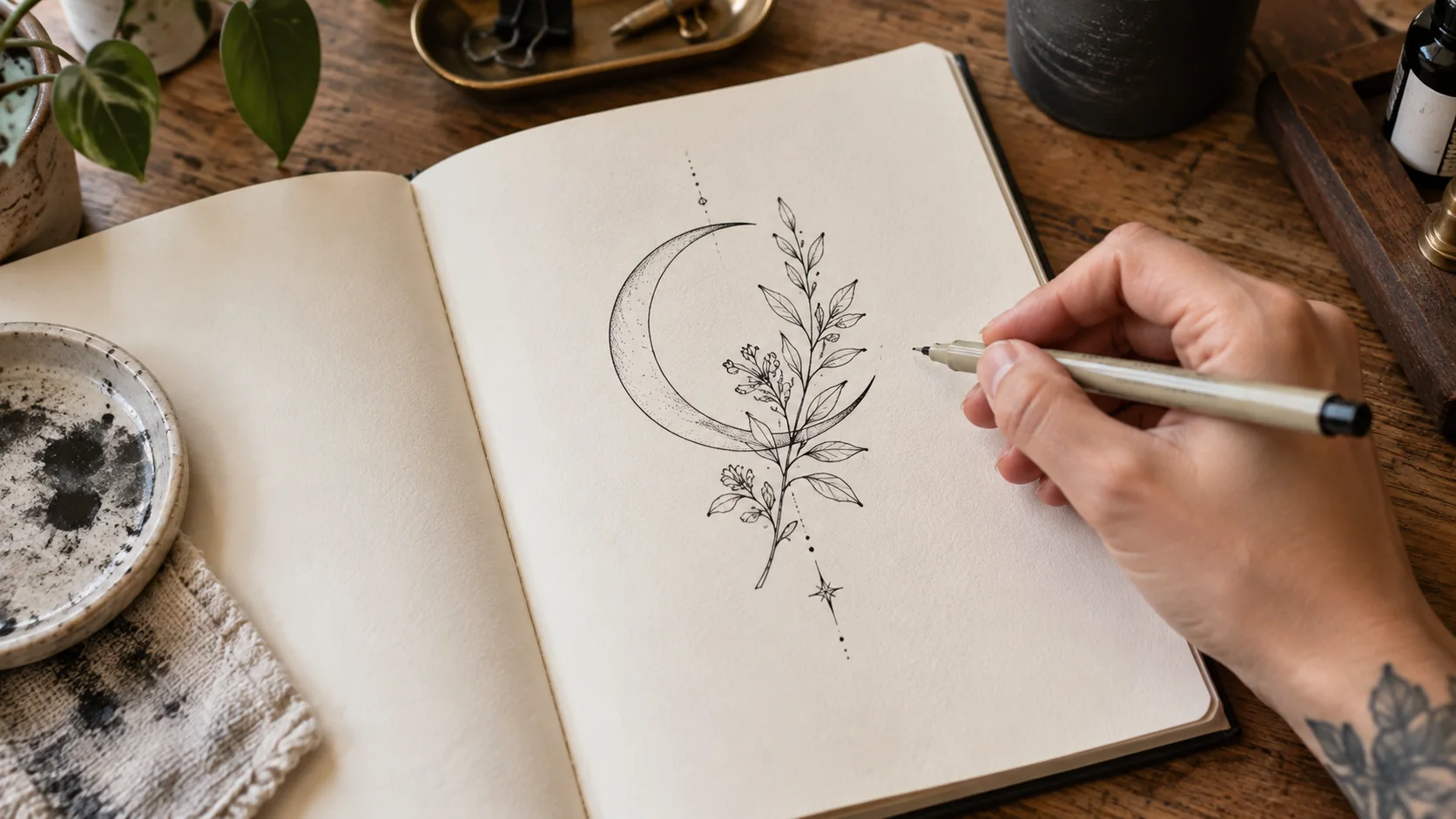 Tatuatore che disegna su un taccuino una proposta botanica con una luna crescente a linee sottili