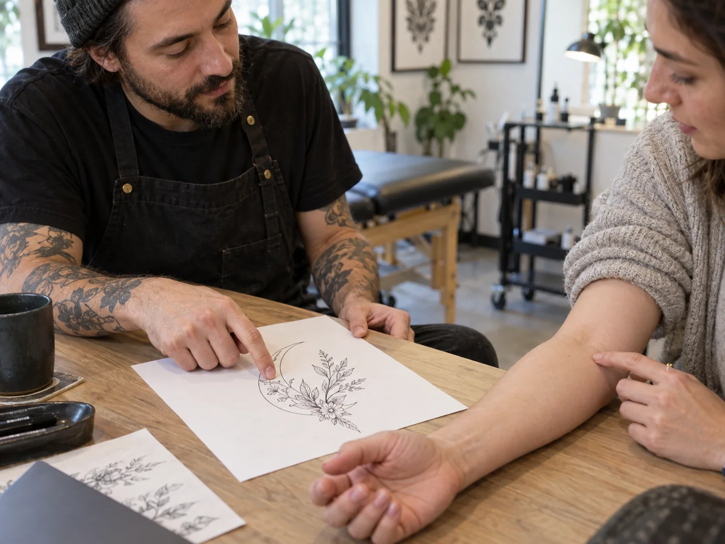Tatuatore e cliente esaminano una proposta botanica accanto a un avambraccio senza tatuaggi