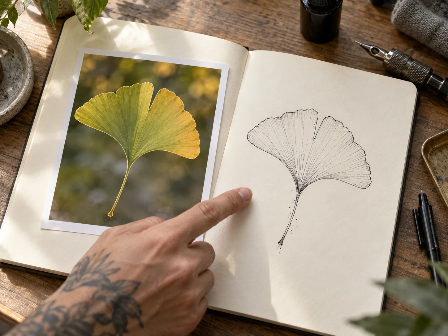 Un artista trasforma una foto di una foglia di ginkgo in uno schizzo per tatuaggio a linee sottili