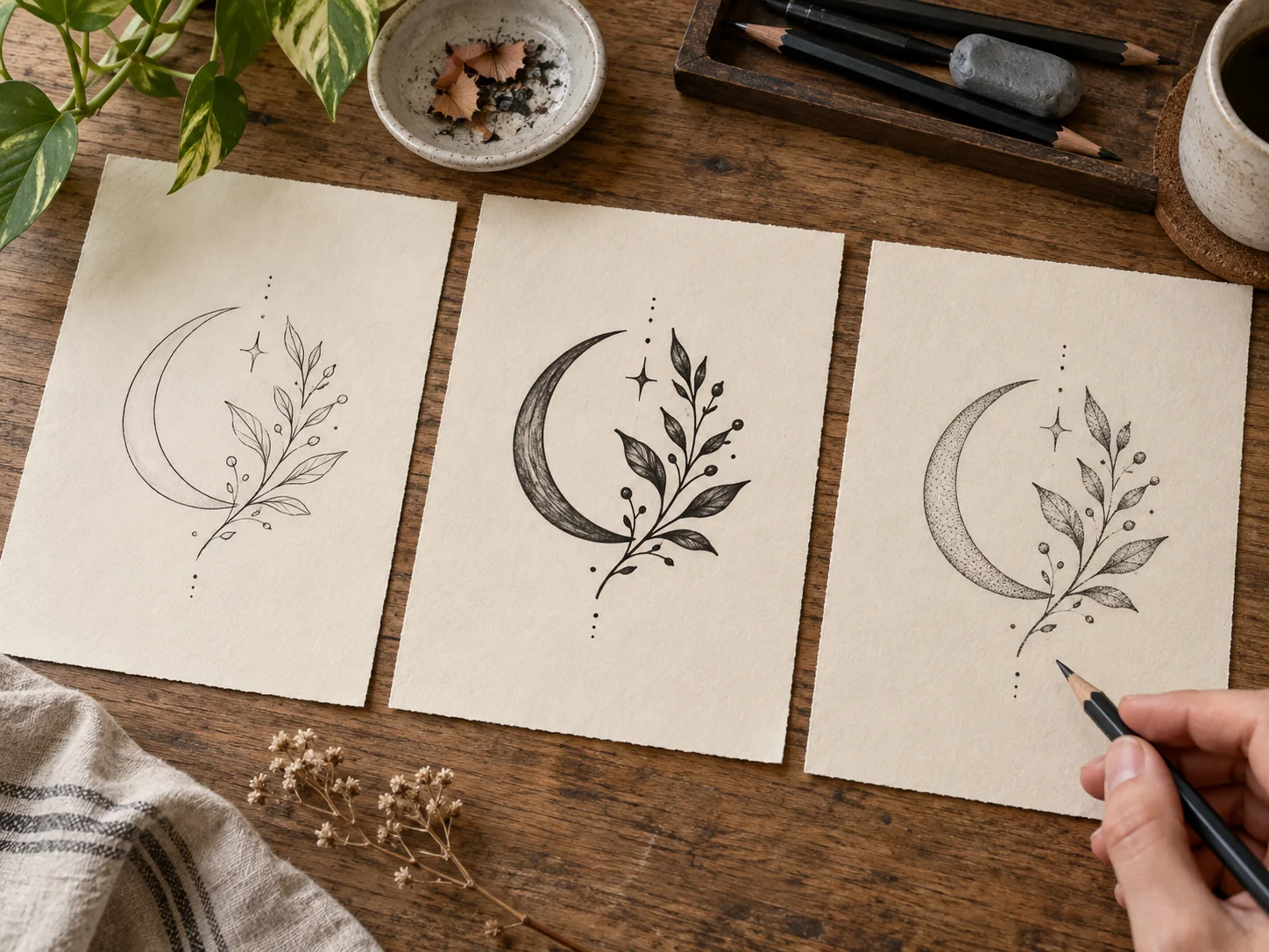 Tre varianti di una proposta botanica con luna crescente a linee sottili, ciascuna su un foglio