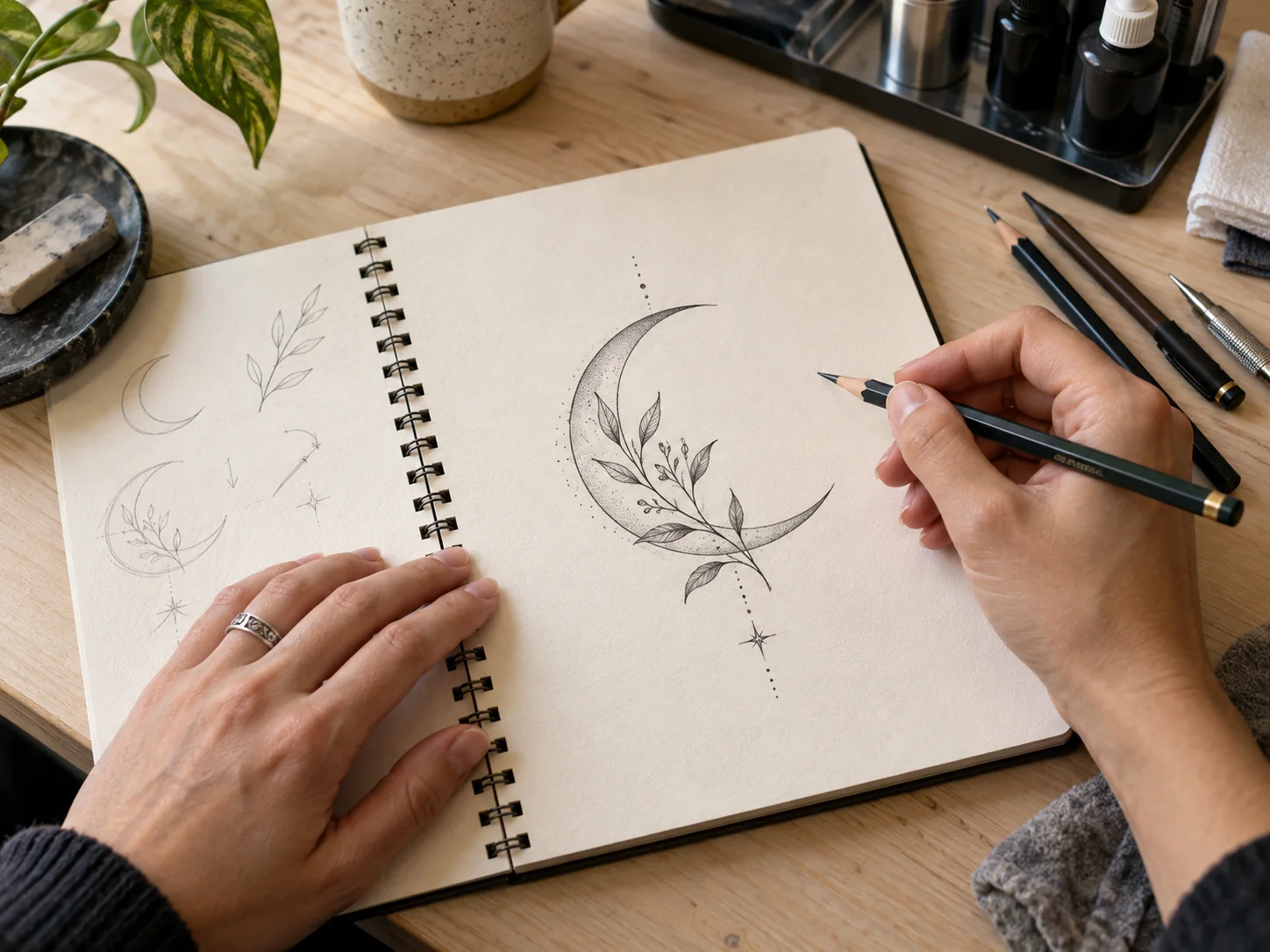 Tatuatore che schizza su un taccuino un’idea botanica con una luna crescente a linee sottili