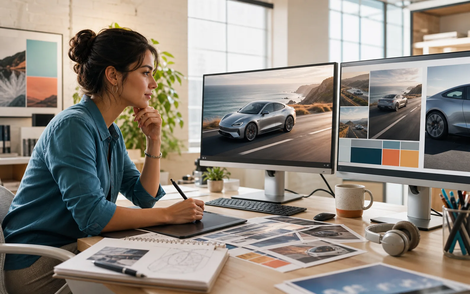 AI-generated marketing strategist reviewing an unbranded automotive campaign and alternate image crops on studio monitors