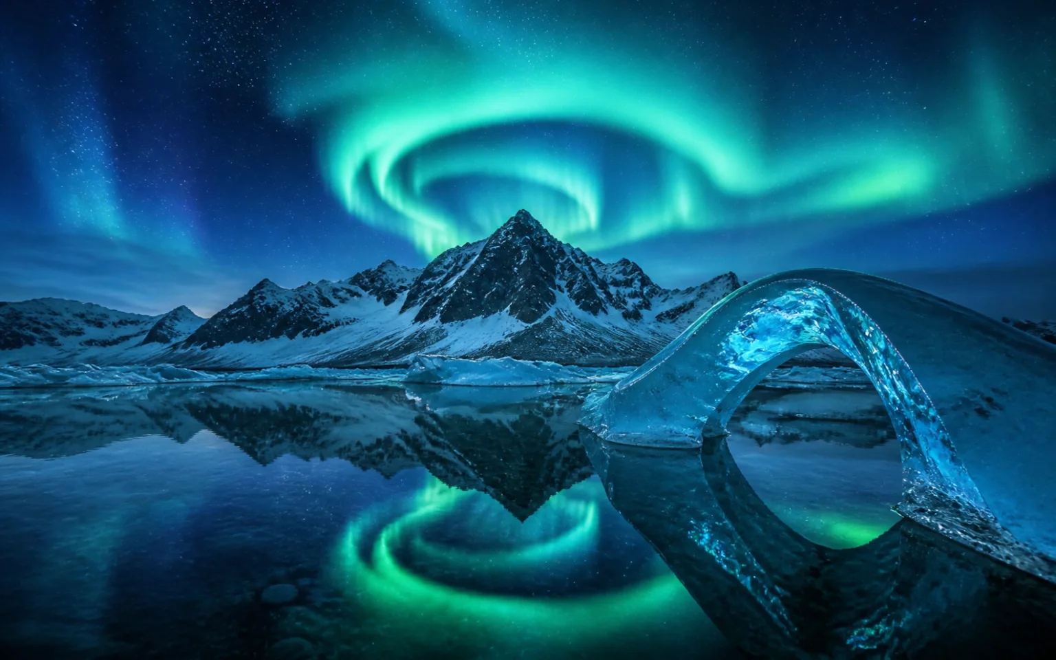 AI-generated turquoise aurora reflected over an arctic mountain lagoon and glowing ice arch