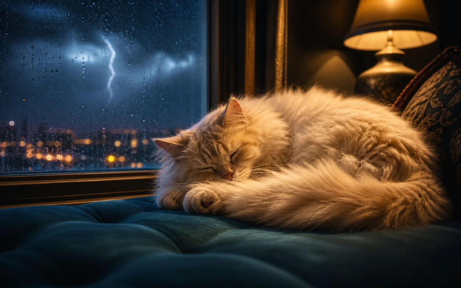 AI-generated fluffy cream cat sleeping beside a rain-streaked window during a thunderstorm