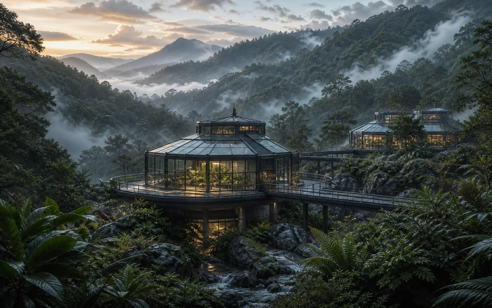 AI-generated glass architecture in a misty forest representing a design concept visualization