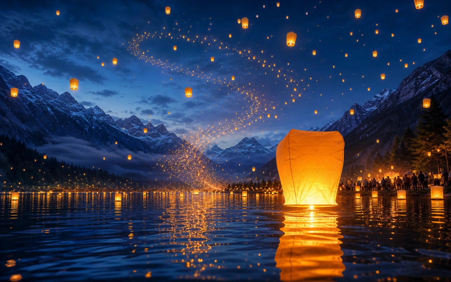 AI-generated golden sky lantern festival reflected across a blue mountain lake at twilight