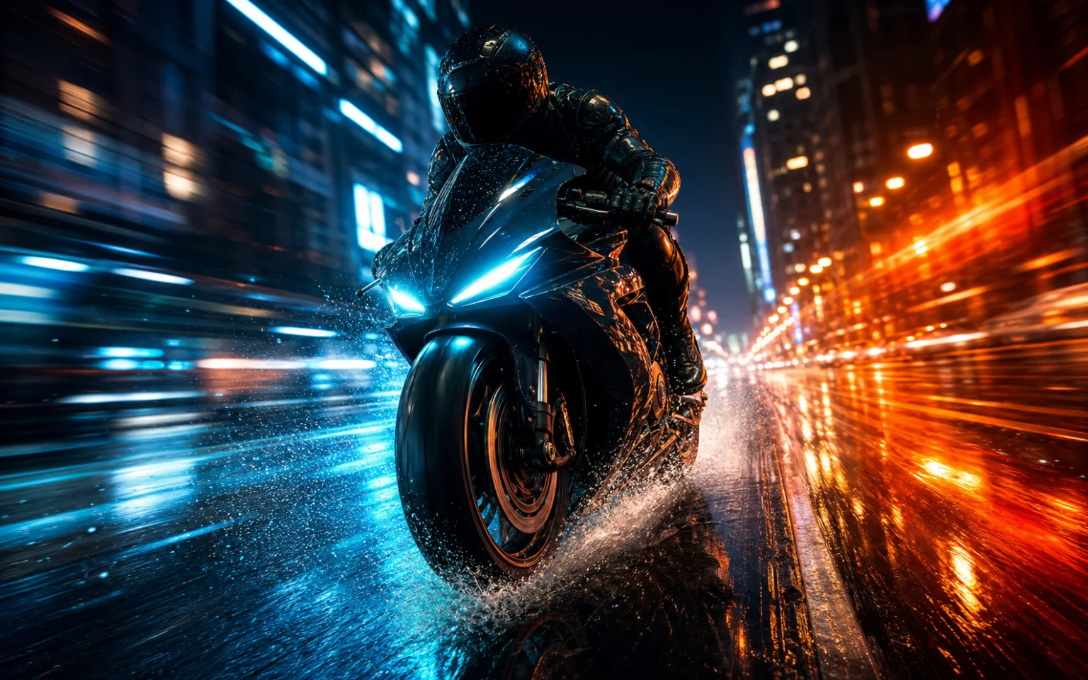 AI-generated black sport motorcycle racing through a cyan and orange rain-soaked city