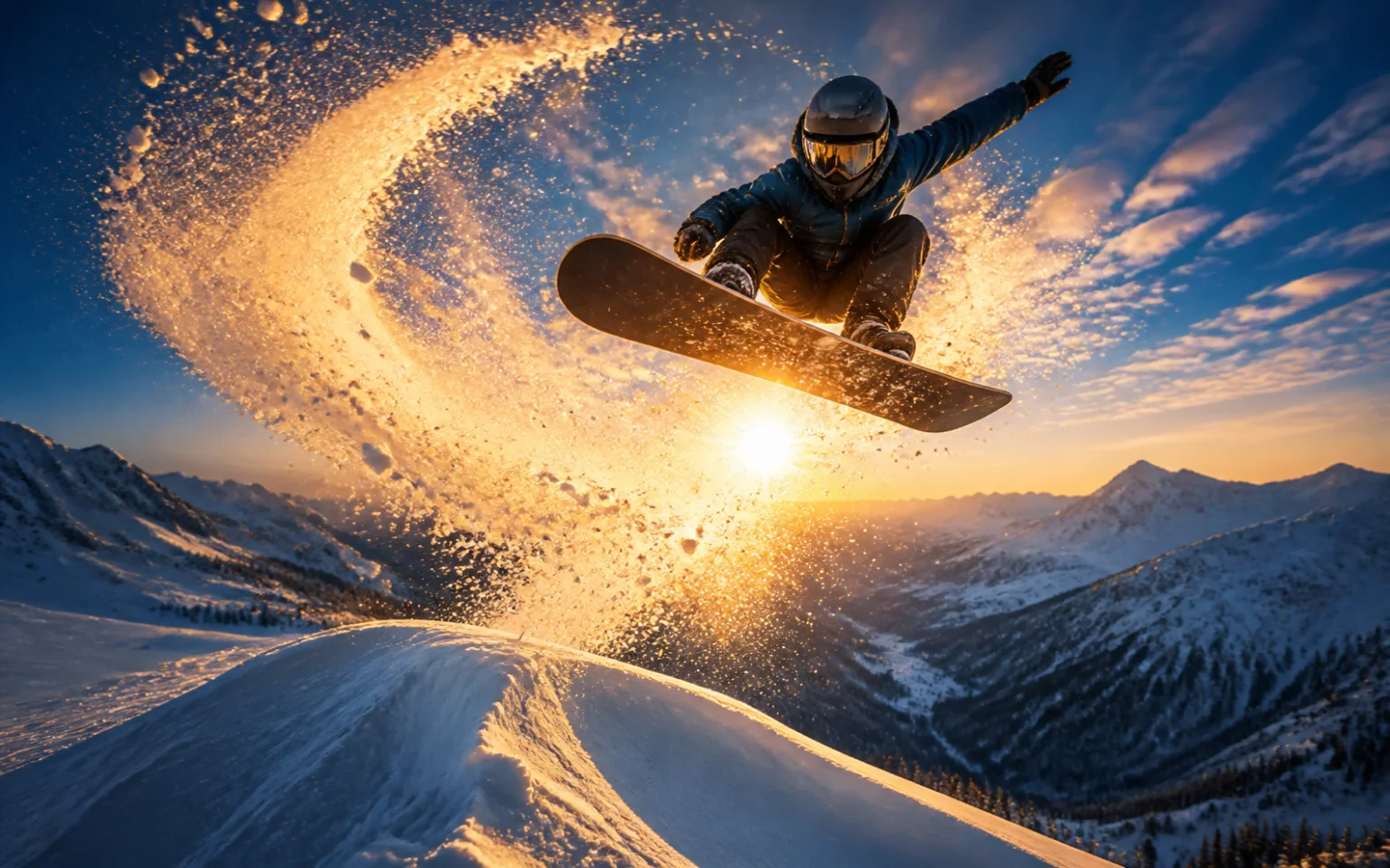 AI-generated snowboarder flying through a glowing arc of powder above a mountain valley