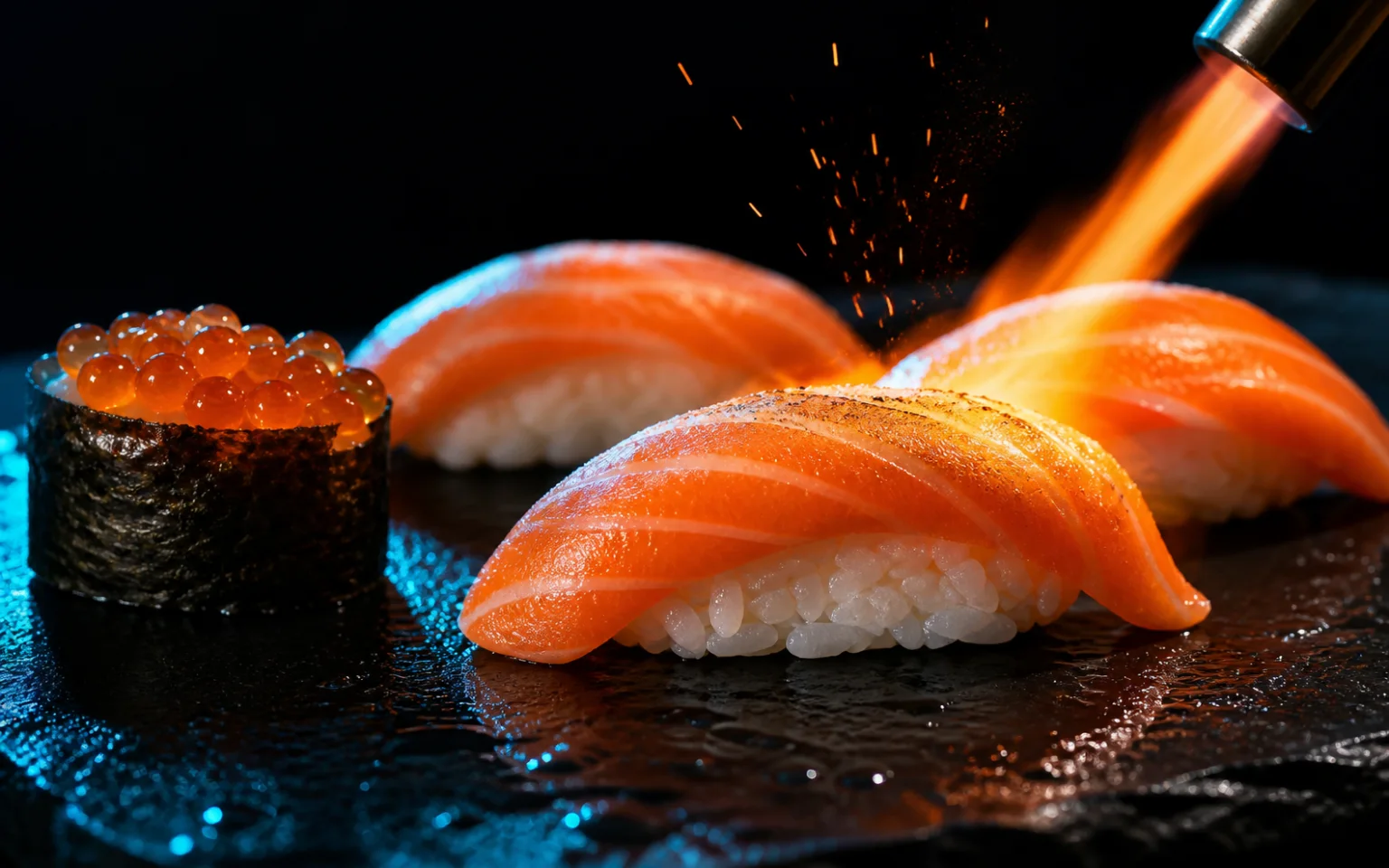 AI-generated macro photograph of salmon nigiri being flame-seared under cyan and amber light