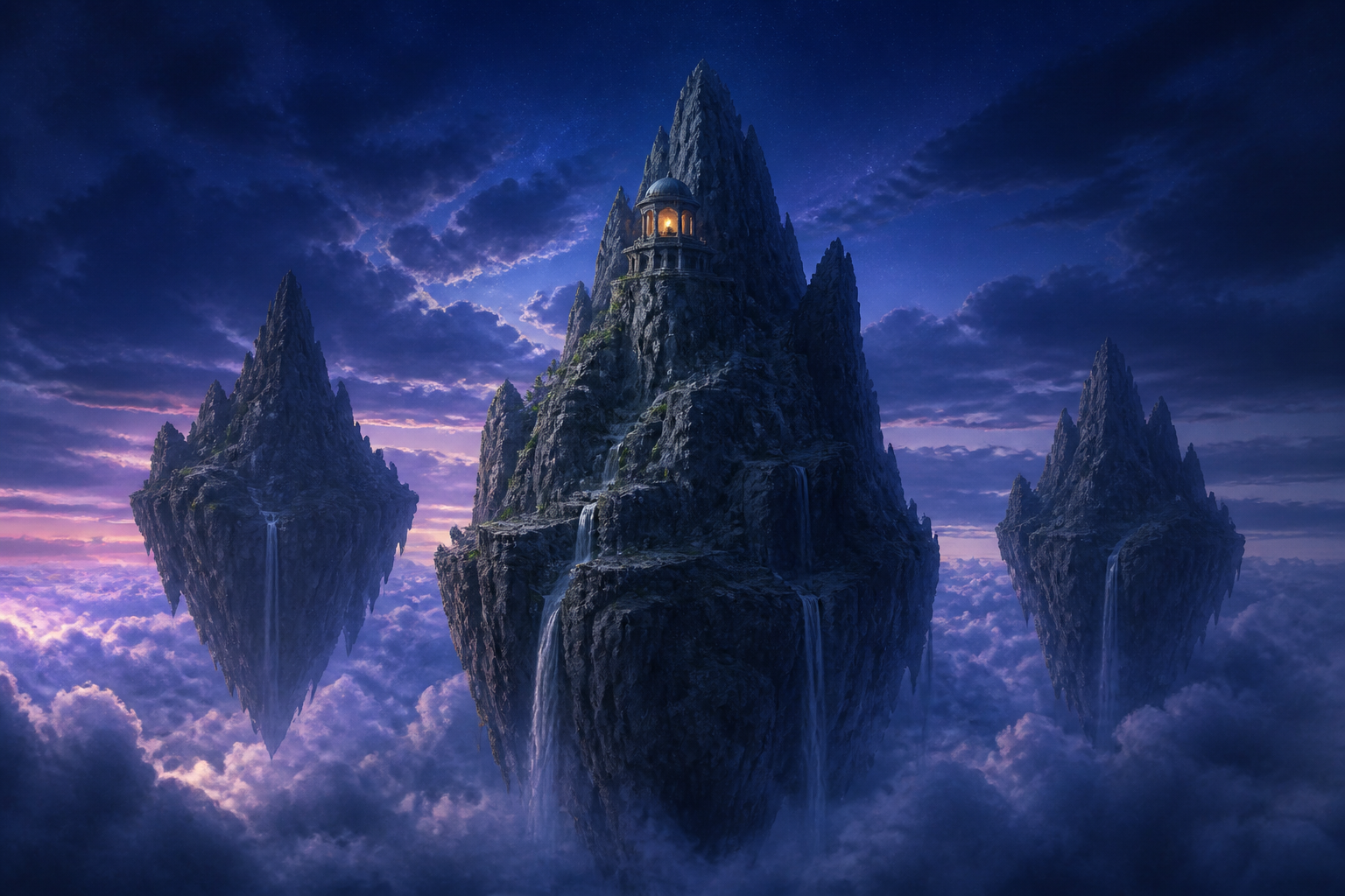 Three floating slate mountains above a cloud ocean with waterfalls and an amber-lit observatory